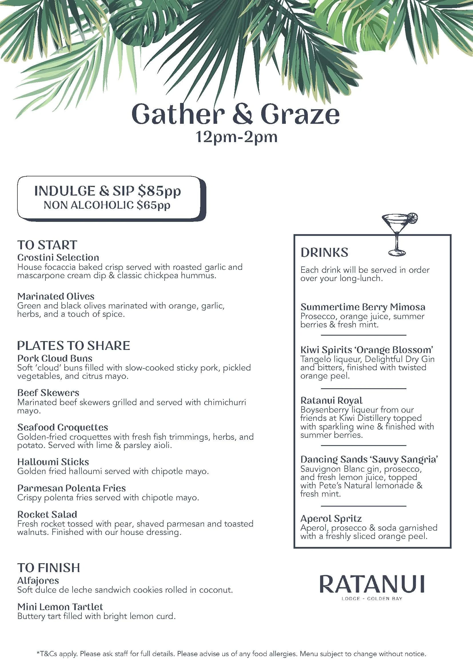 Gather & Graze lunch menu at Ratanui Lodge, Golden Bay, featuring shared plates, desserts, and cocktail options including mimosa, Aperol spritz, and Kiwi Spirits gin.