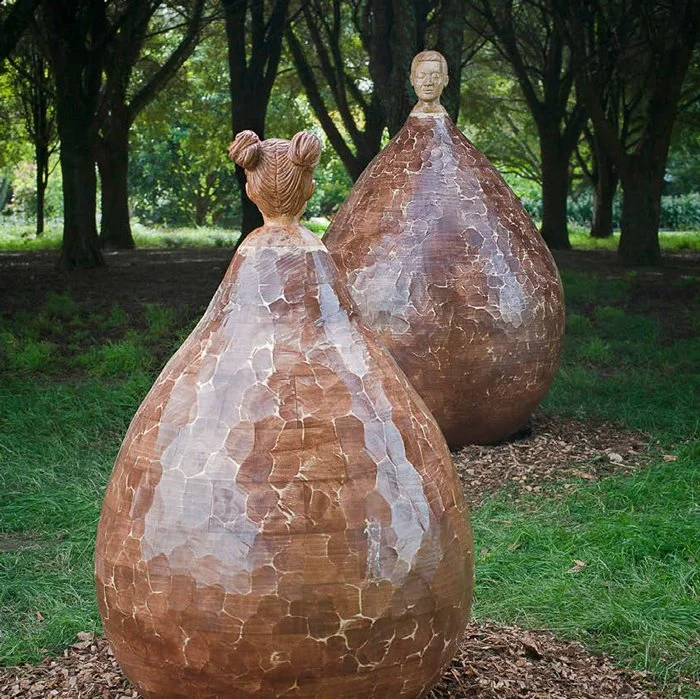 Wanda Gillespie, The Master and Teacher, wood sculpture, wood carving, wind chimes, 900mm x 900mm x 1500mm and L600mm x 600mm x 1120mm