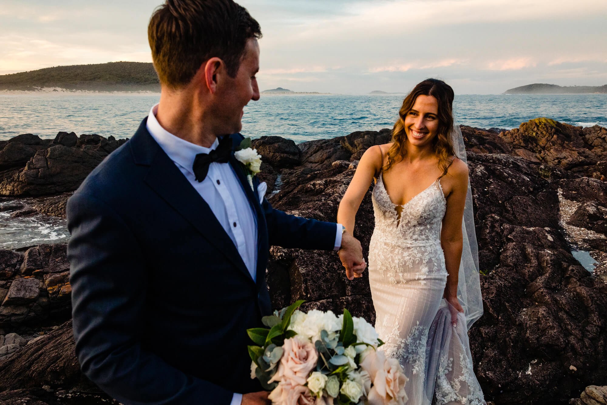 Wedding couple in Fingal Bay
