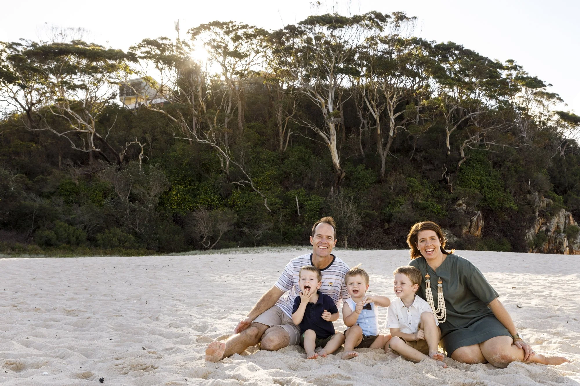 Family with three boys, Shoal Bay Beach, Nelson Bay, Port Stephens
