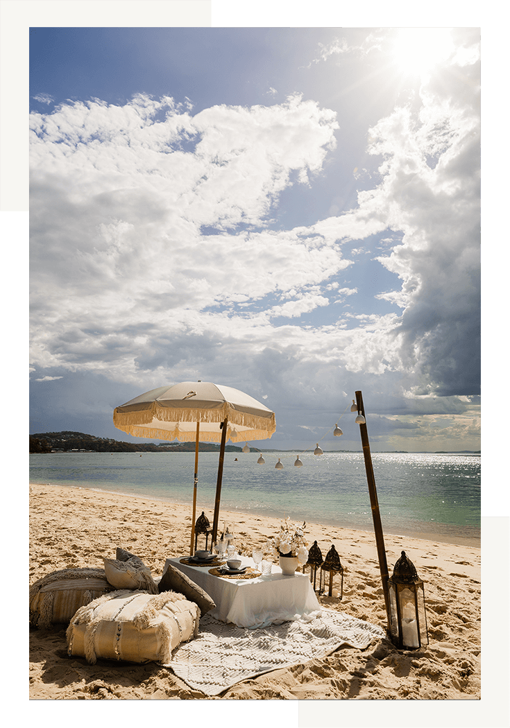 A luxury picnic set up on Little Beach, Nelson Bay, Port Stephens