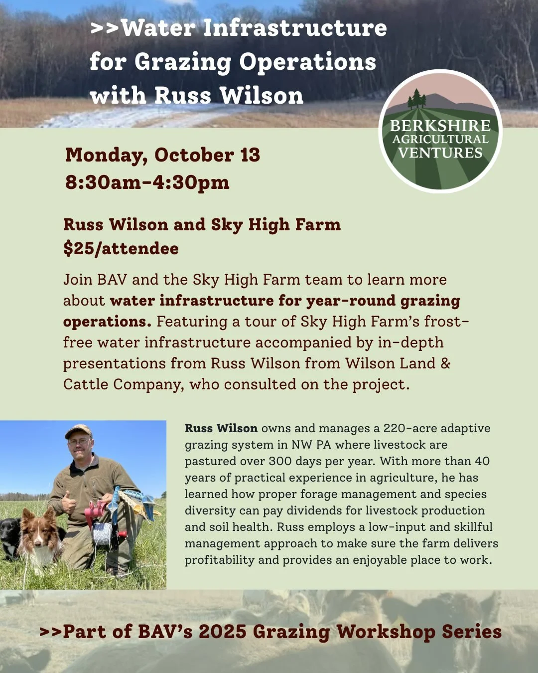 Coming up fast! Water Infrastructure for Grazing Operations, part of BAV's 2025 Grazing Workshop Series. Join BAV, grazing expert @russwilson5284, and the @skyhighfarmhudsonvalley team for an in-depth workshop focused on water infrastructure for year