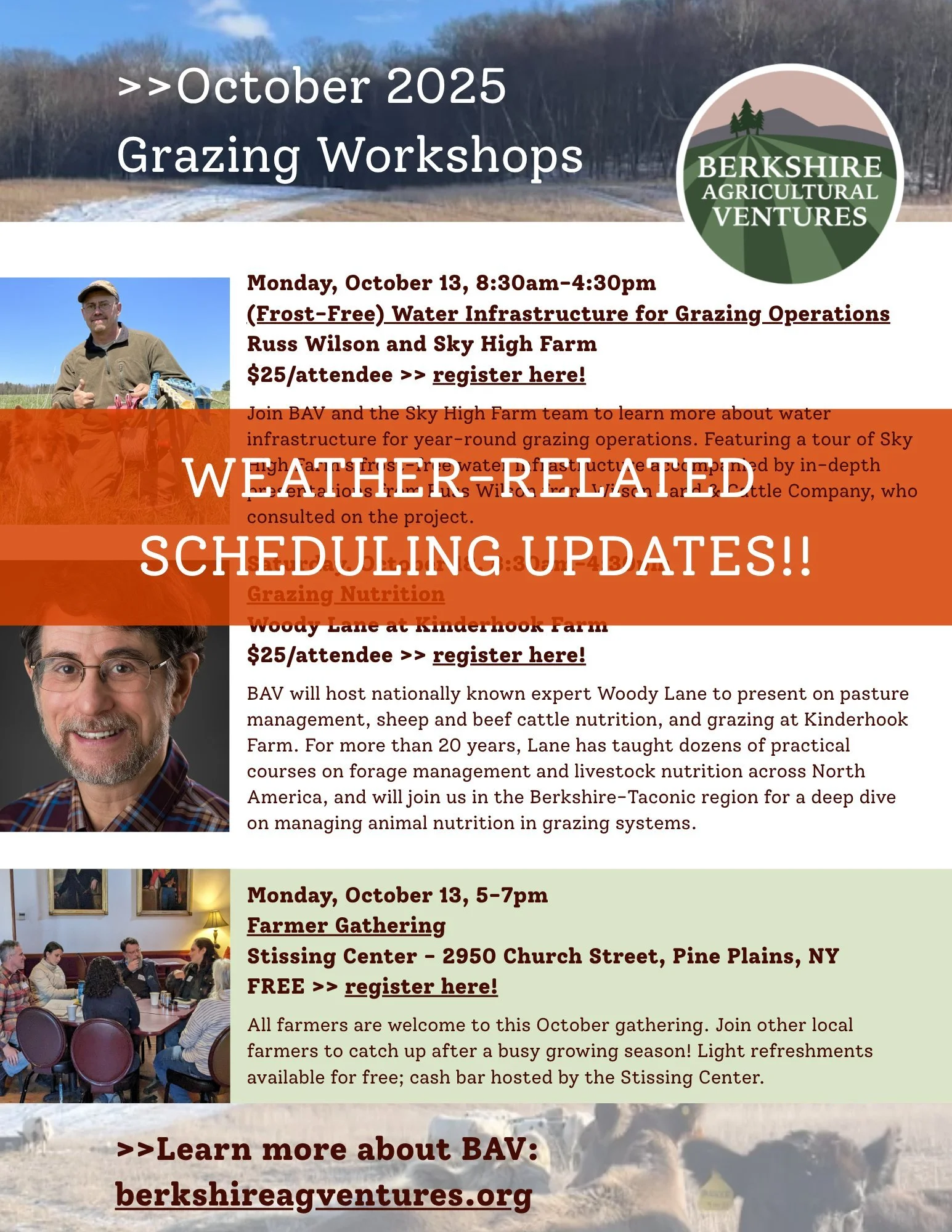 🌧️🌧️IMPORTANT WEATHER UPDATE: With extreme weather forecast in our area for Monday, we are RESCHEDULING the Water Infrastructure workshop with Russ Wilson and, unfortunately, CANCELLING Monday evening's Farmer Gathering. 

➡️The rescheduled date fo