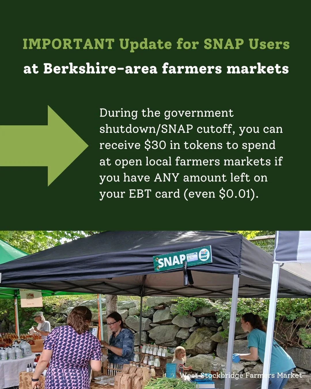 💚Your farmers markets are here for you!! If you are a SNAP user with any amount on your EBT card (even just $0.01), you can receive $30 to spend at local farmers markets during the federal government shutdown/SNAP cutoff. 

➡️Here is a list of local