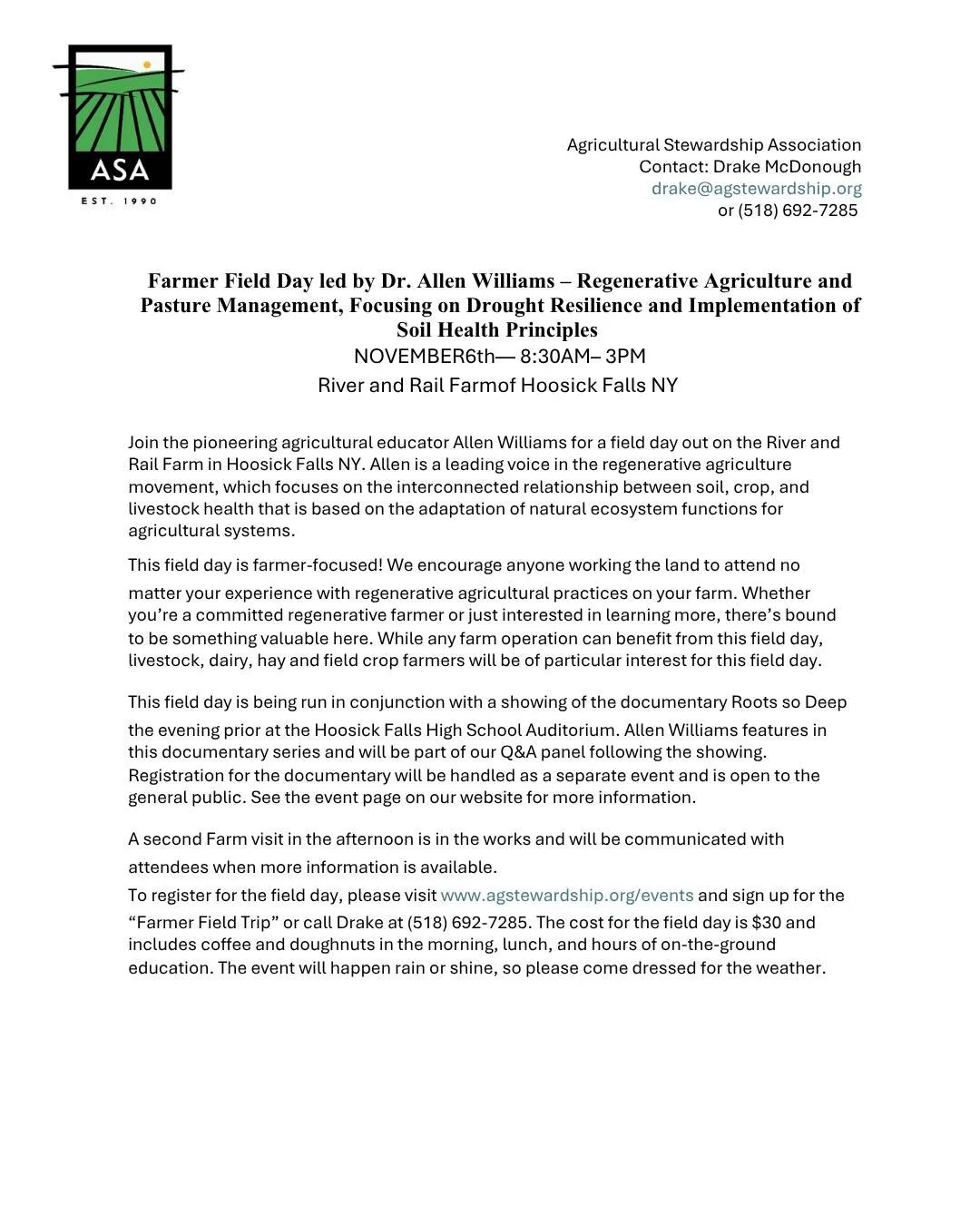 Sharing this event from the @agstewardshipassociation:

🌱Field Day for Farmers - Thursday, 11/6, 8:30am-3pm, at River and Rail Farm in Hoosick Falls, NY.

Join agricultural educator Allen Williams, a leading voice in the regenerative agriculture mov