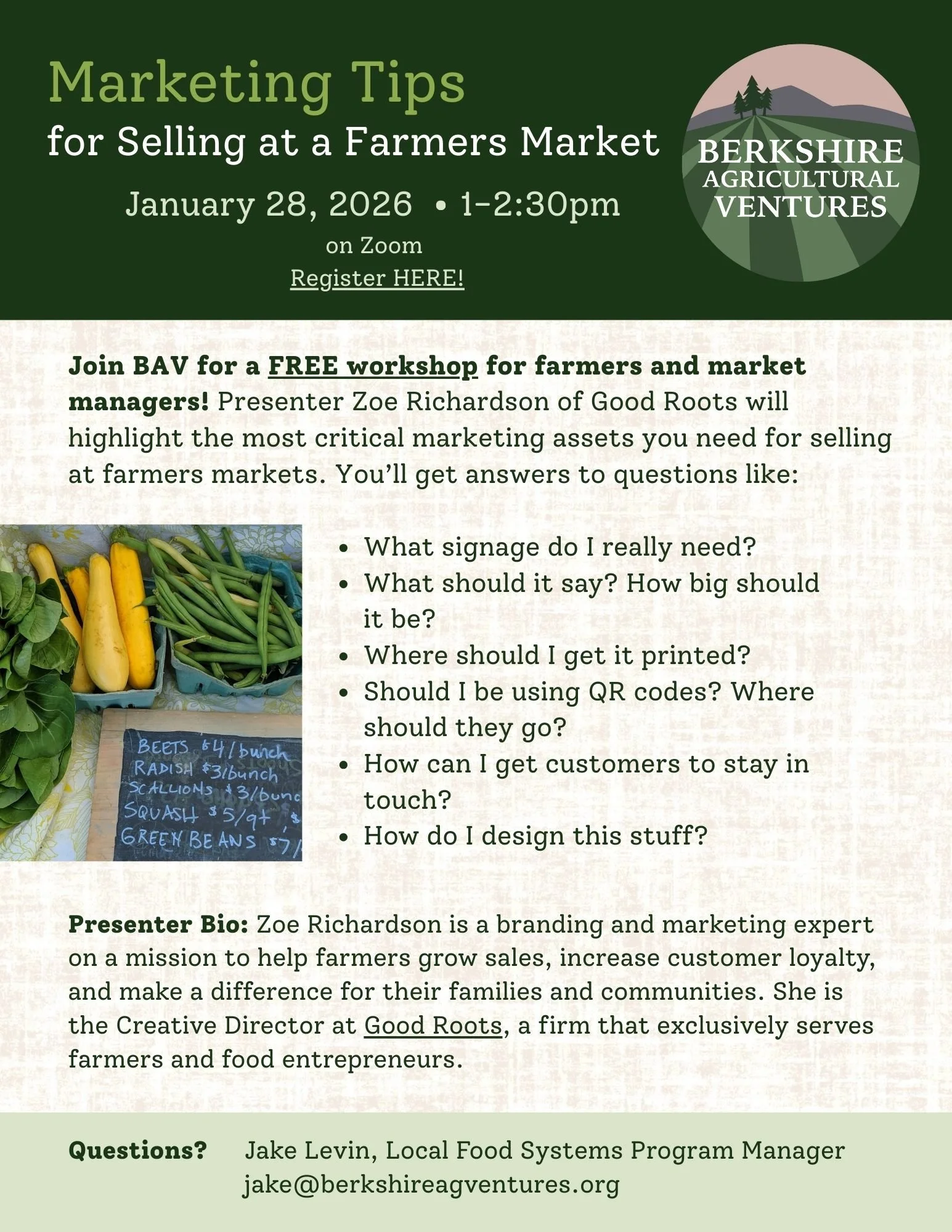 🫜🫜🫜Marketing Tips for Selling at a Farmers Market! Coming in January...

Farmers who sell at farmers markets - or would like to! - as well as farmers market managers are invited to join BAV's FREE Zoom workshop on Wednesday, January 28, highlighti