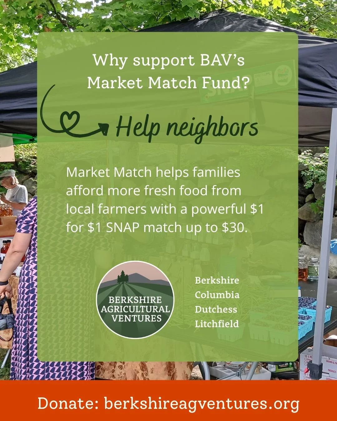 💐Happy April 1!🌱

🎉🎉Today BAV is excited to launch the fifth year of our Market Match Fund in partnership with 10 Berkshire-area farmers markets. This program provides $1 for $1 SNAP matching up to $30 per transaction to help hundreds of local fa
