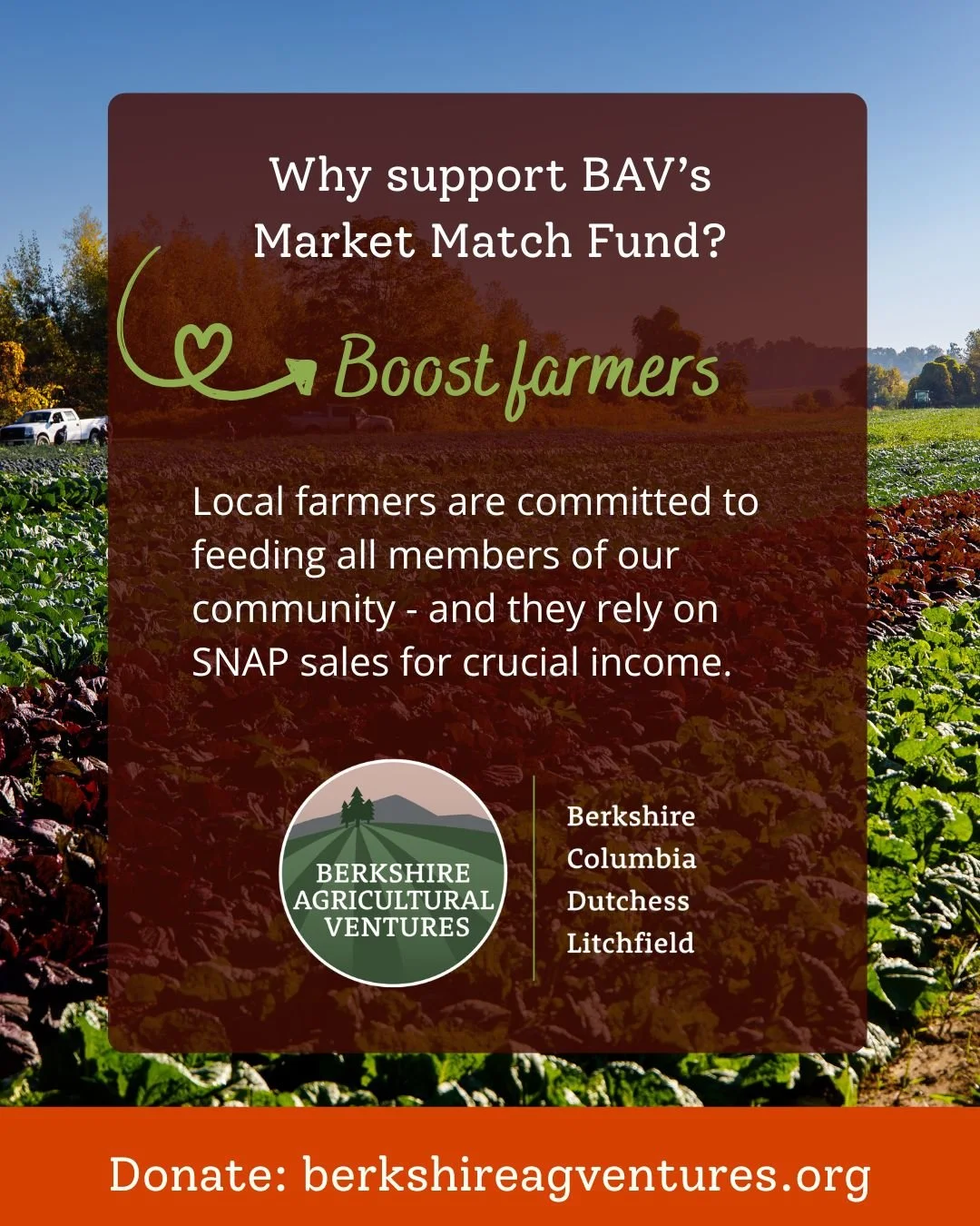 ✨✨Did you know? BAV's Market Match Fund has helped generate almost $1 million in SNAP sales for local farmers since 2022.

🚜Supporting this program is a powerful way to strengthen local farms as well as feed neighbors in need. We fund SNAP matching 
