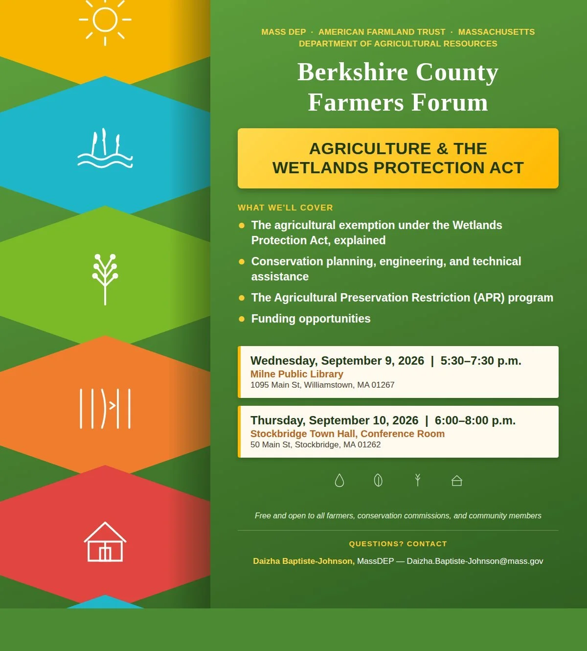 🌱🌿🌳Coming up next week - Berkshire County Farmers Forums! 

MassDEP is working with the American Farmland Trust to host two Farmers Forums in Berkshire County. The Forums are focused on outreach to the farming community on agricultural exemptions 