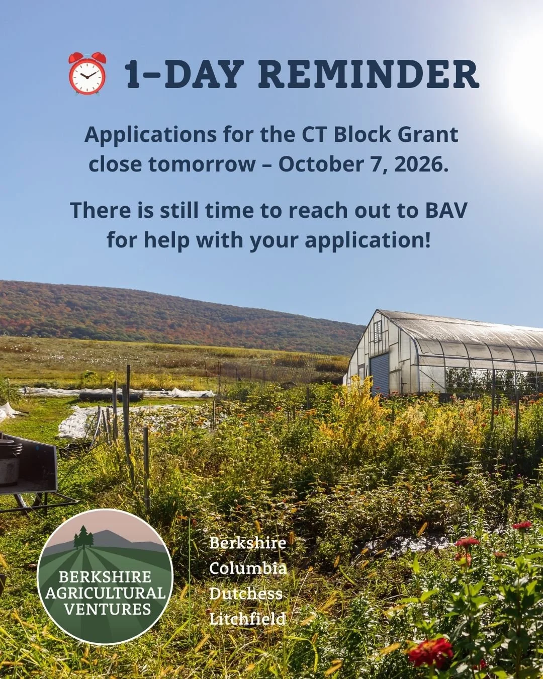 ⏰ 1-DAY REMINDER! Round 1 applications for the Connecticut Farm Recovery &amp; Support Block Grant Program close October 7, 2026. The program, administered by @ct.grown, provides direct payments to producers who suffered losses from severe weather ev