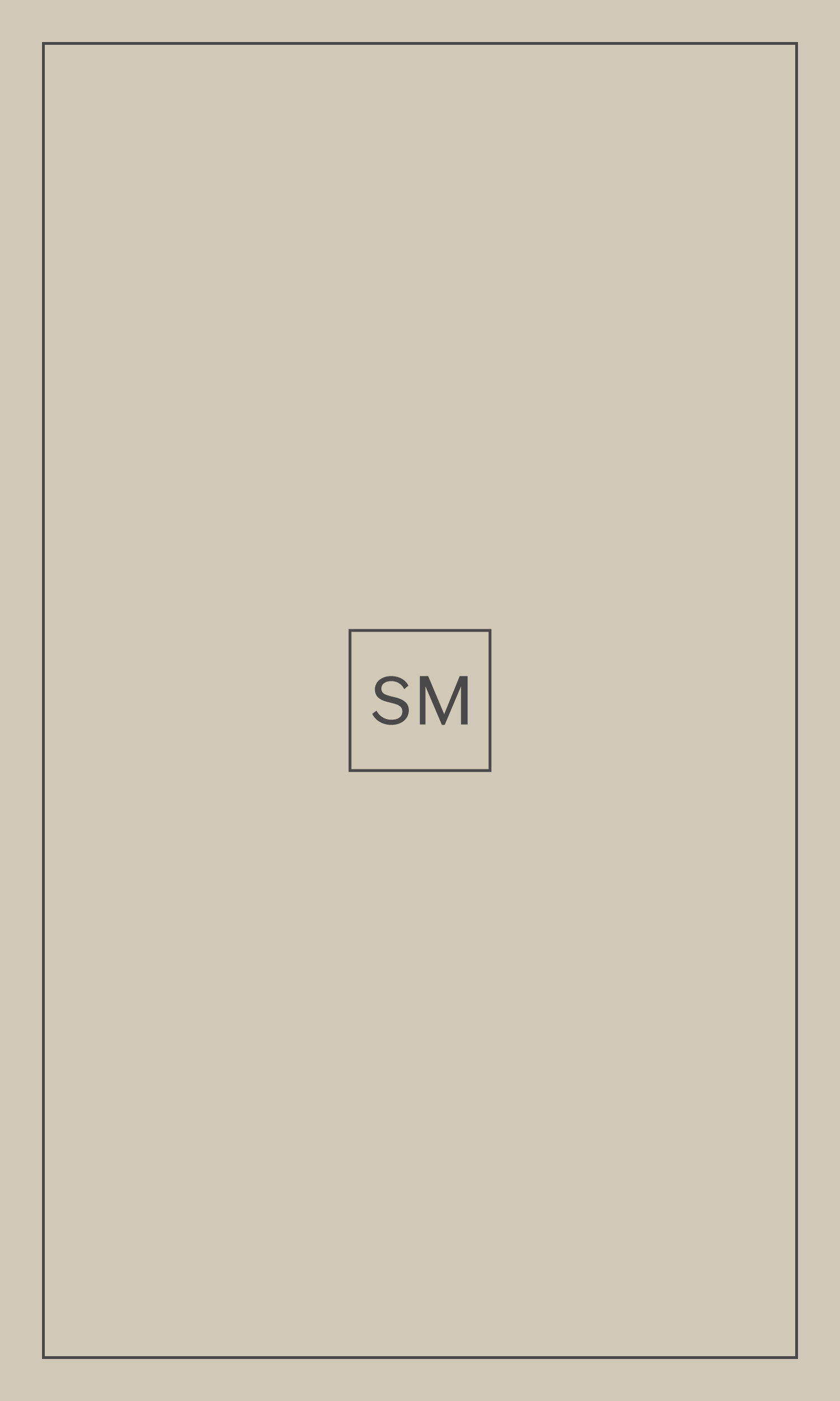 A minimalistic design with a beige background, featuring a small square in the center labeled 'SM'.