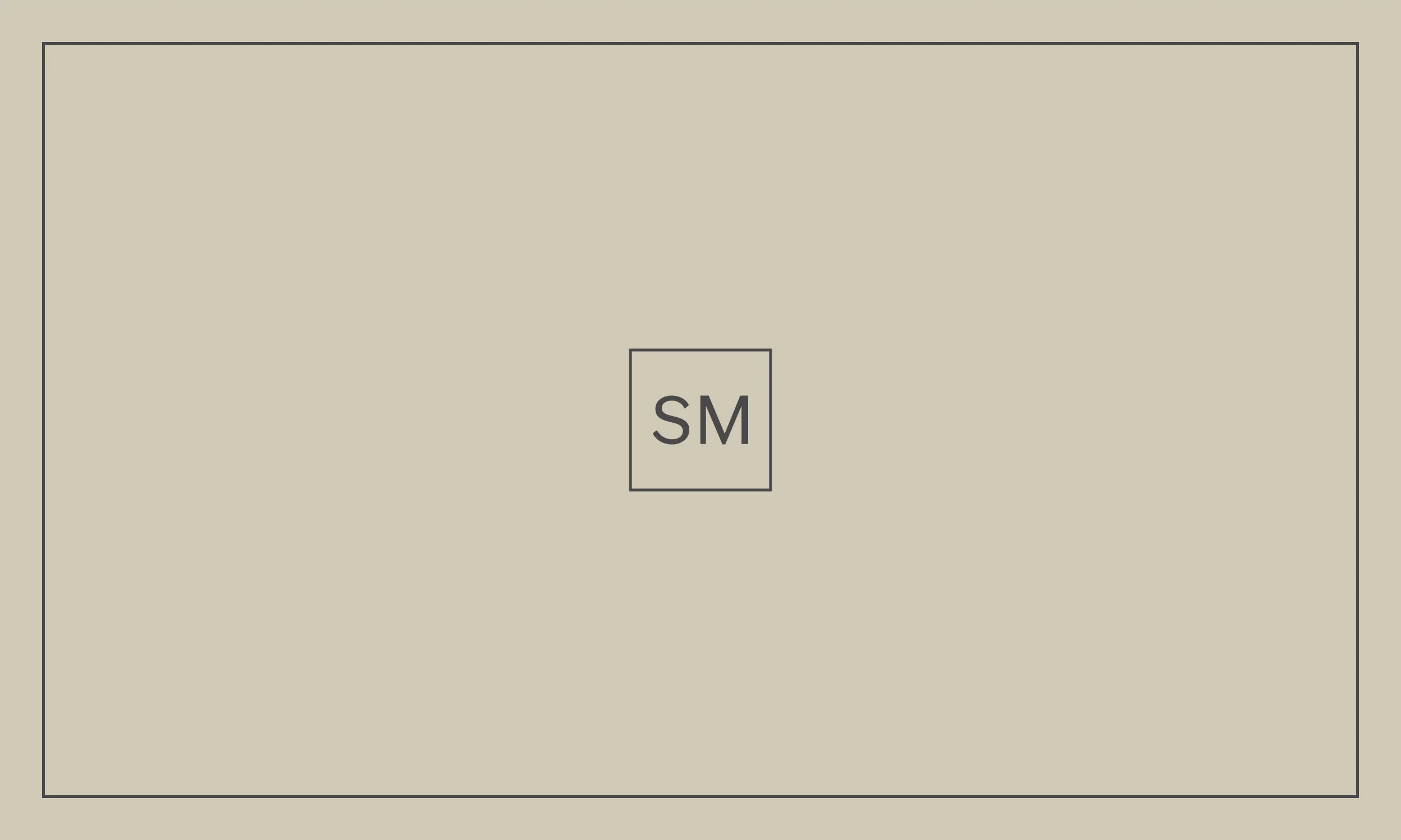 A beige rectangular box with a small square inside it, centered, containing the letters 'SM' in bold black font.