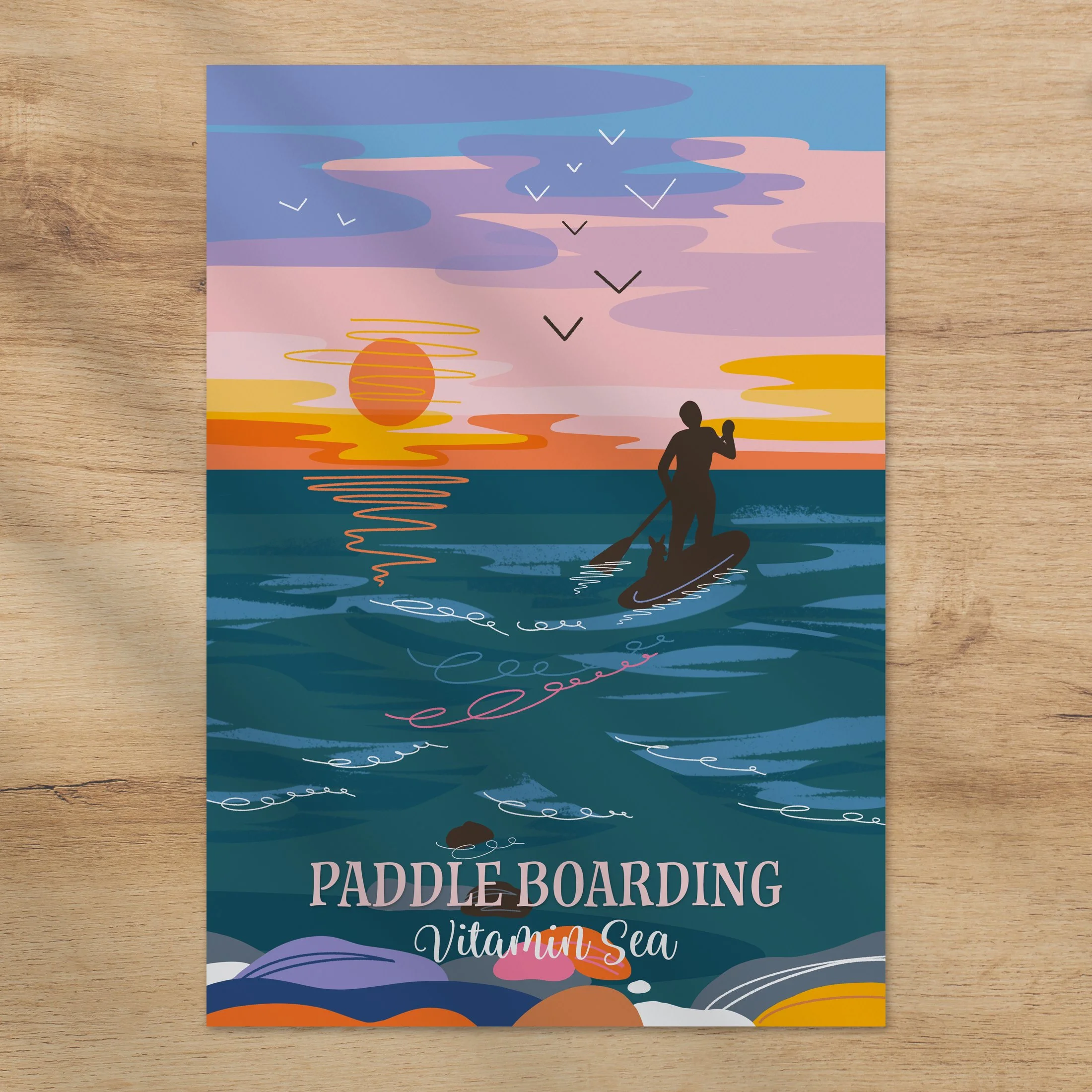 Paddleboarding - A4 Sunset Coastal Art Print with Dog | Vitamin Sea Collection