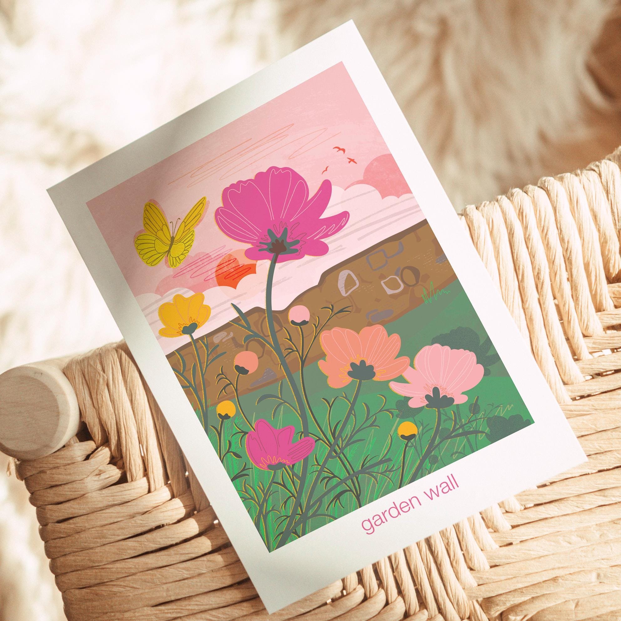 Garden Wall Cosmos Flowers and Butterfly Greeting Card Let’s Go Outside Collection