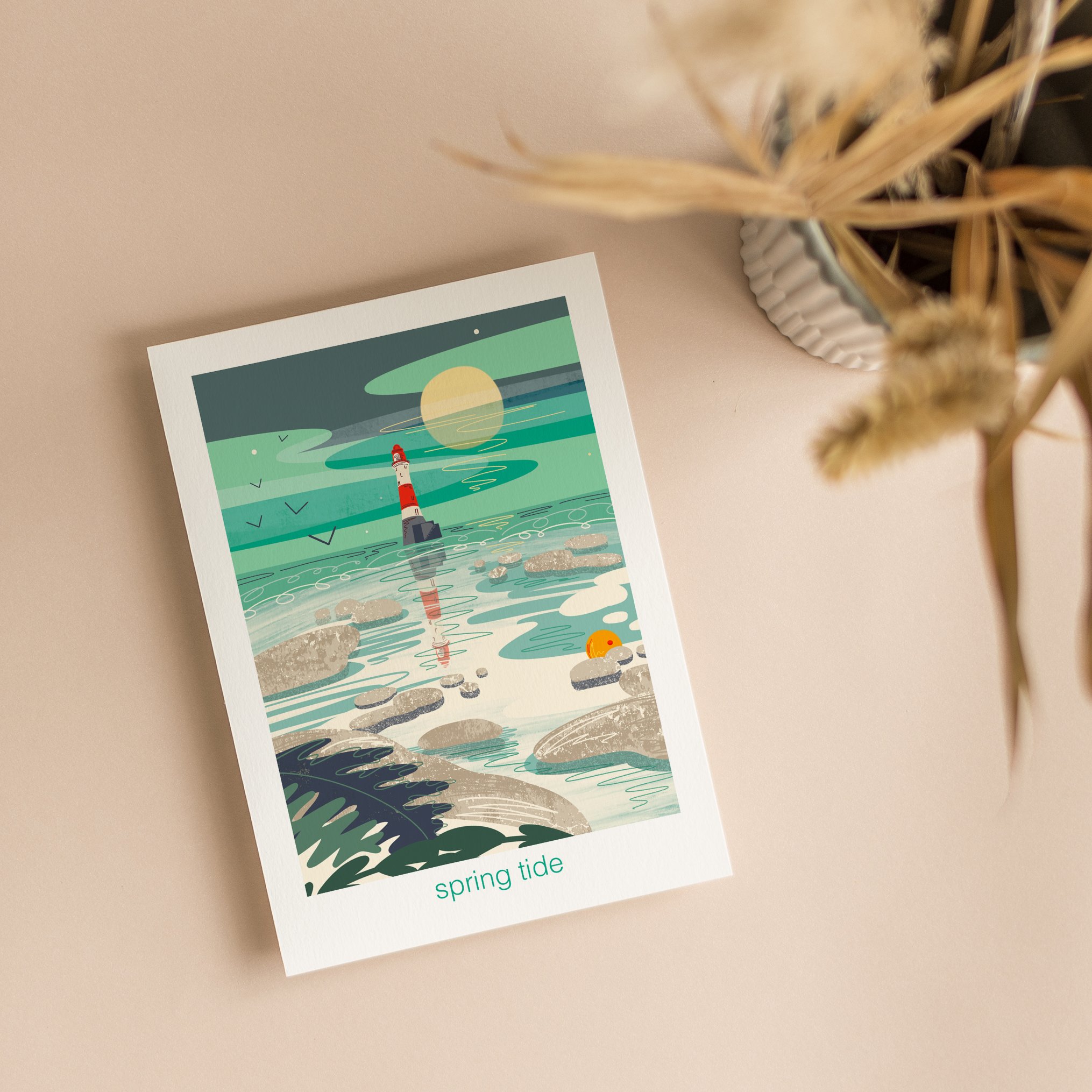 Spring Tide Lighthouse Full Moon Coastal Greeting Card Let’s Go Outside Collection