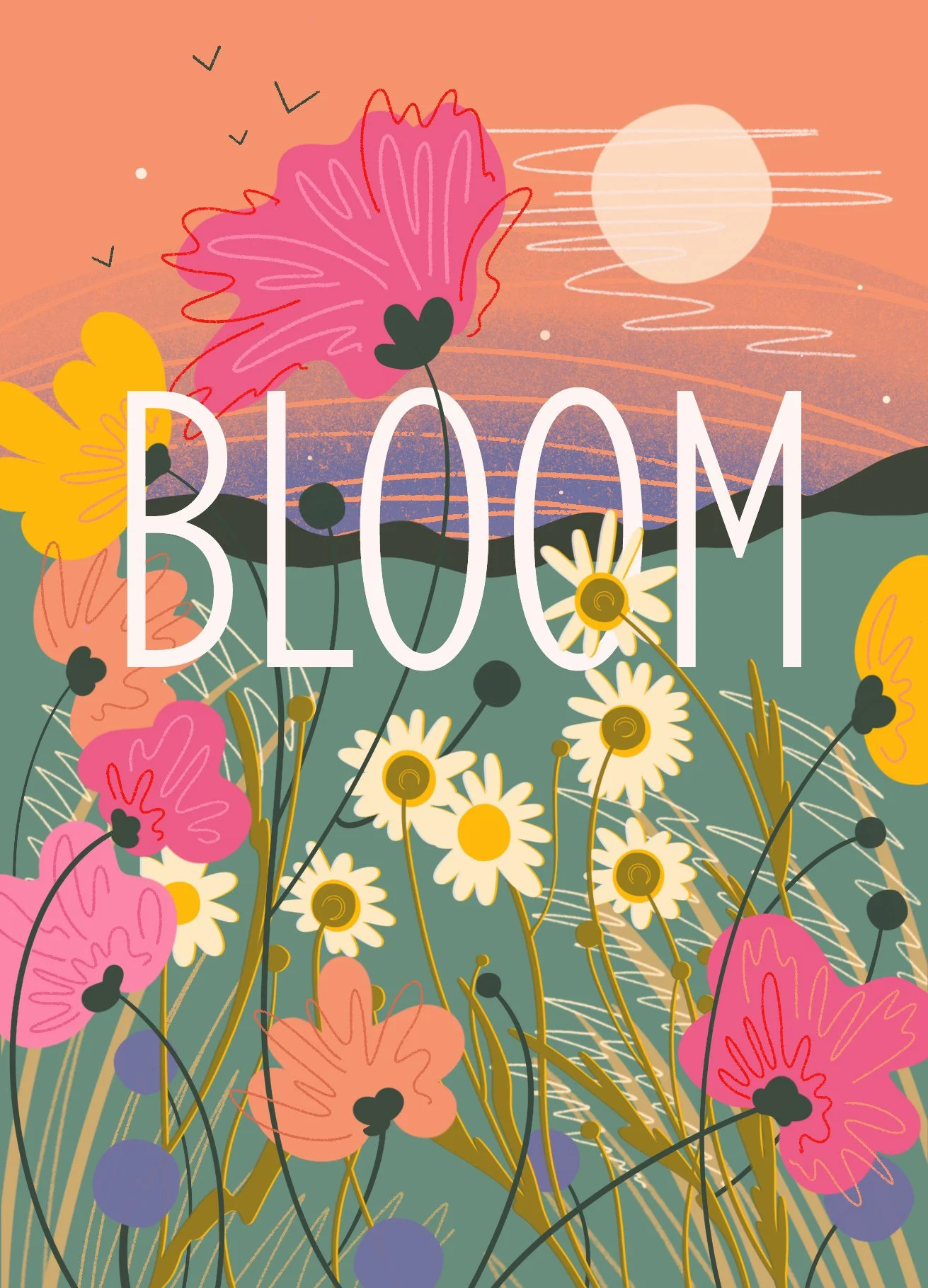 Abstract illustration of a blooming garden with various colorful flowers, a setting sun, and the word 'BLOOM' in large white letters.