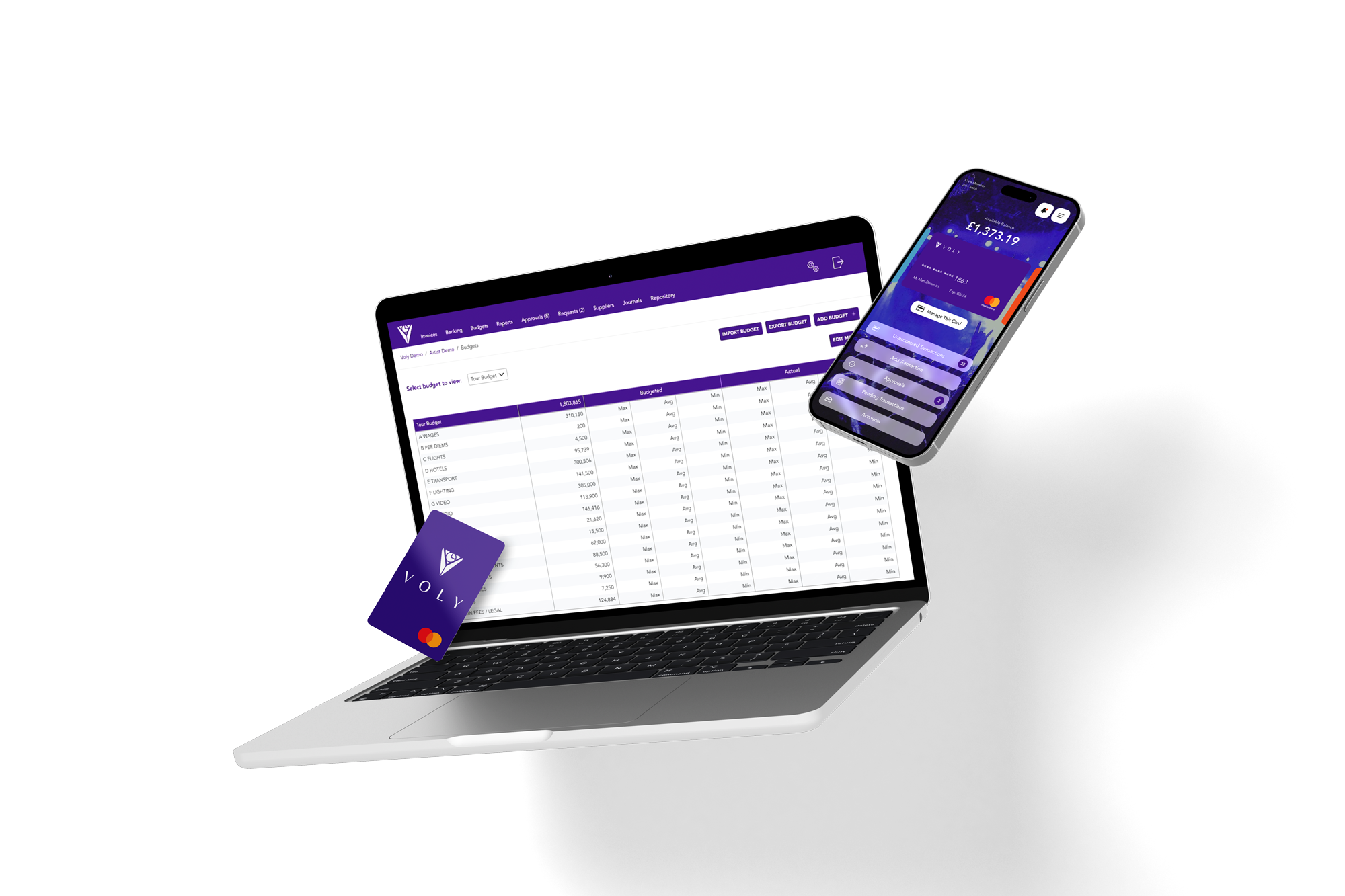 A laptop displaying financial software, a smartphone showing a banking app, and a credit card with the VOLY logo, all floating in a black space.