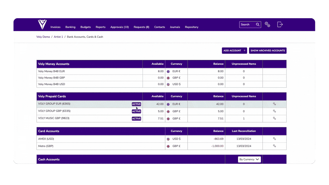 Screenshot of a financial account management dashboard showing sections for money accounts, prepaid cards, card accounts, and cash accounts. It displays available balances, currencies, and last reconciliation dates.