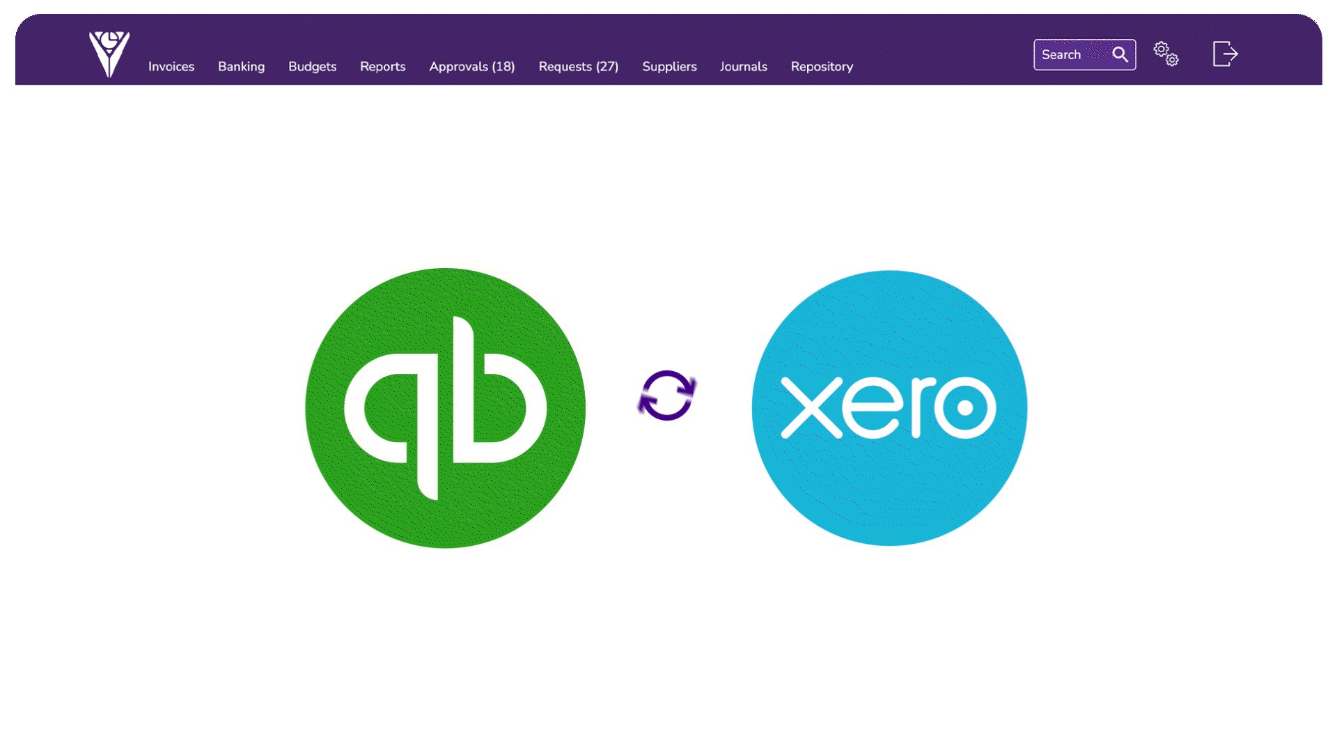 Screenshot of accounting software interface showing the logos of QuickBooks on the left and Xero on the right, with a refresh icon between them.