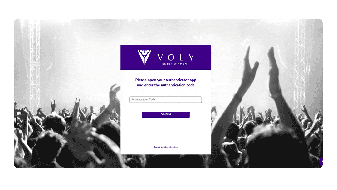Login screen for VOLY Entertainment app with a background of a crowd at a concert or event, and a prompt to enter an authentication code.