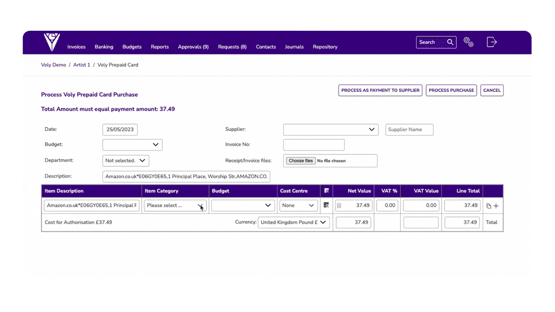 Screenshot of an online invoice approval page for a prepaid card purchase on a business software platform, showing date, supplier, invoice number, receipt upload, item description, category, and total amount of 37.49 GBP.
