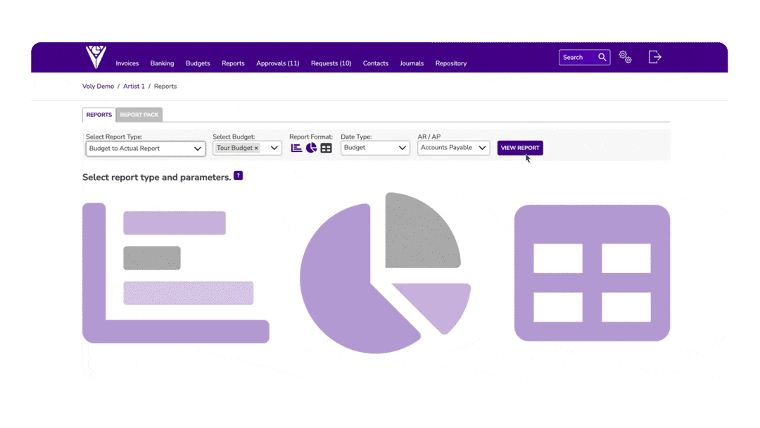 Screenshot of a financial reporting software interface with a purple header menu and various report options, including graphs and tables in purple, gray, and white colors.