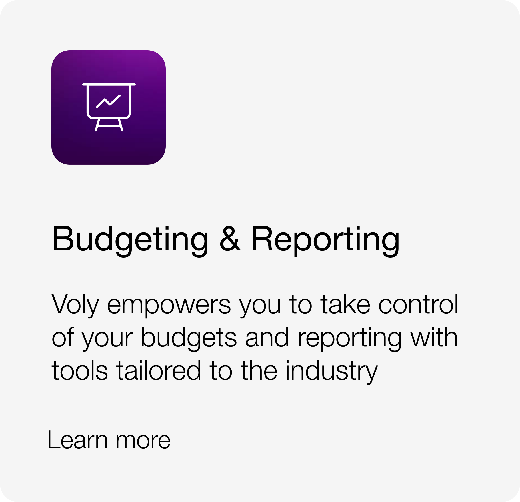 App icon with a chart and a presentation board, with text about budgeting and reporting tools.