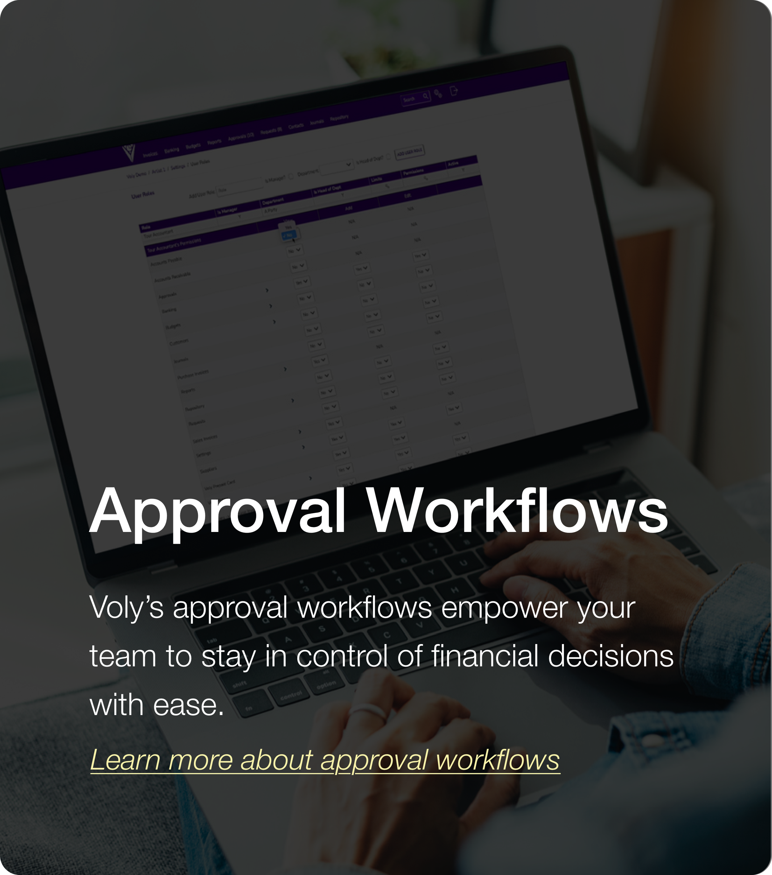 A person using a laptop with a screen showing approval workflow software, overlaid with text about approval workflows and a link to learn more.