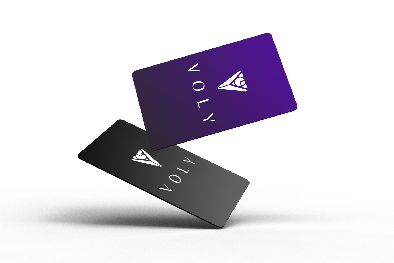 Two loyalty cards, one black and one purple, with a logo of a stylized sailboat and the word "LOYALTY" on both cards. The cards are placed on a reflective surface.