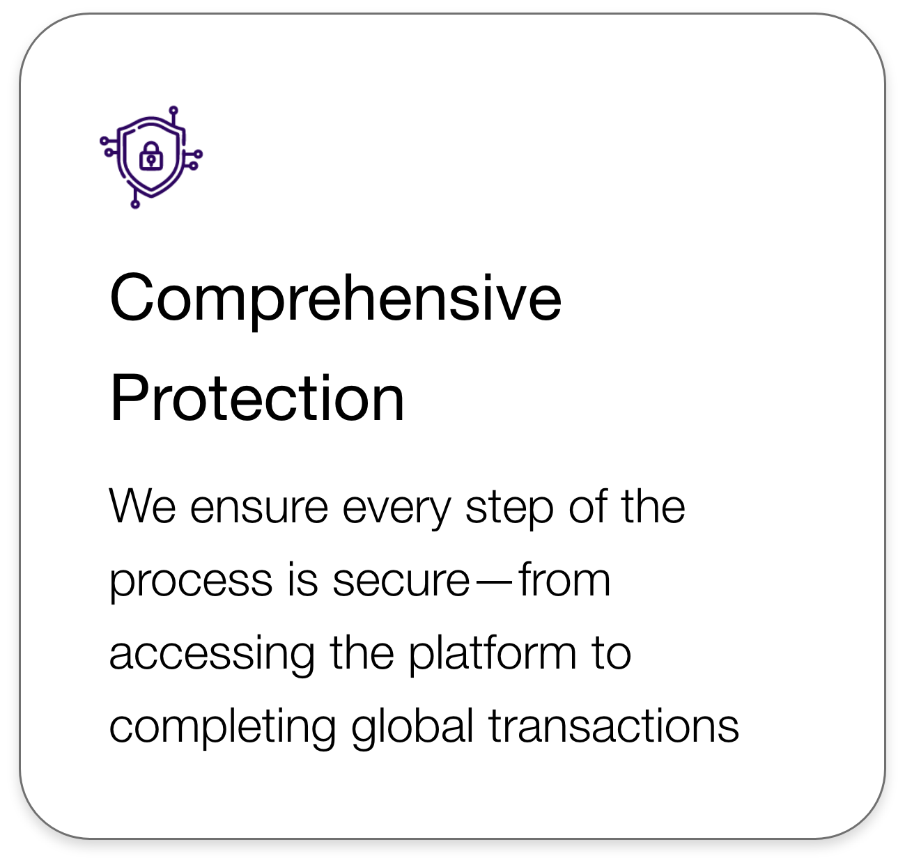 A digital graphic with a purple security shield icon and black text that reads 'Comprehensive Protection. We ensure every step of the process is secure—from accessing the platform to completing global transactions.'
