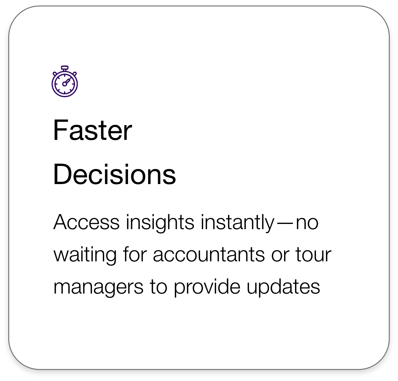 Text with a stopwatch icon stating, "Faster Decisions. Access insights instantly—no waiting for accountants or tour managers to provide updates."