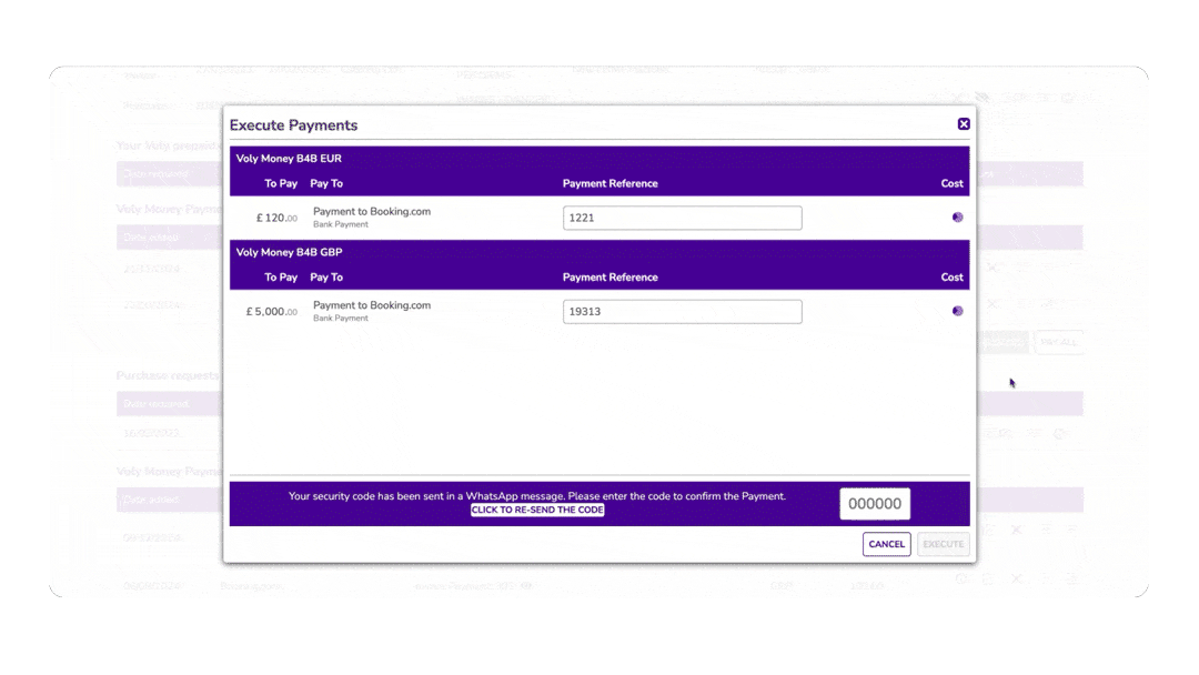 Screenshot of an online payment confirmation page showing transactions in Euros and British Pounds, including payment references and a security code input field.