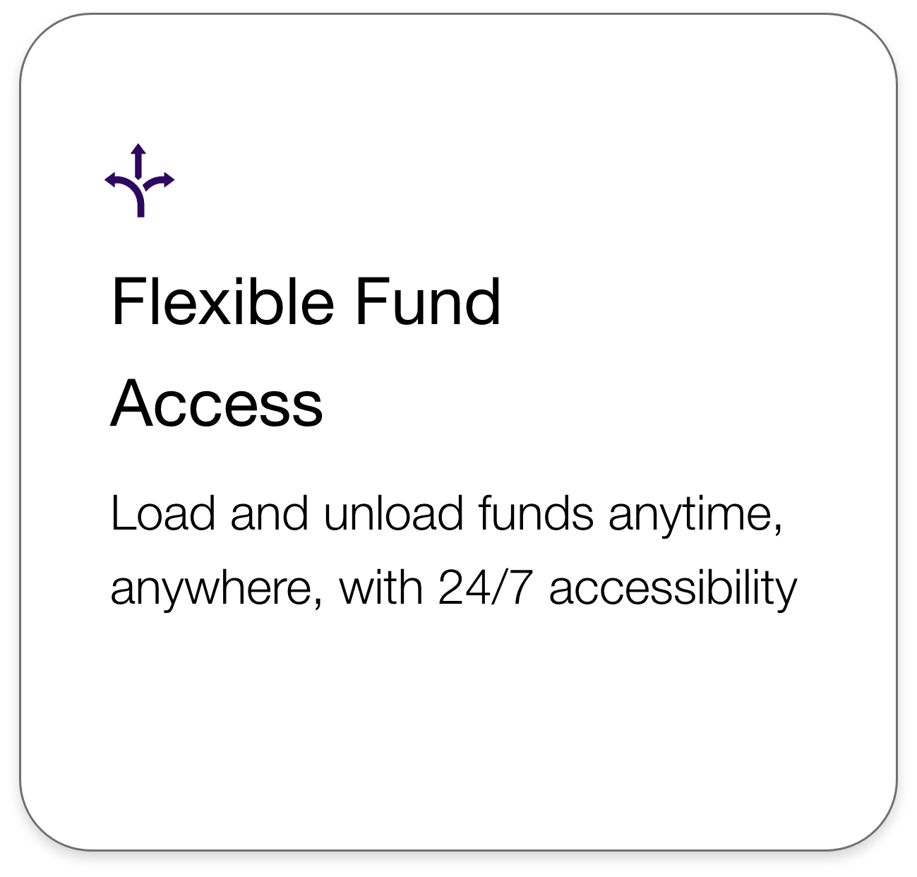 Information card with purple icon of arrows pointing in multiple directions, titled 'Flexible Fund Access,' stating 'Load and unload funds anytime, anywhere, with 24/7 accessibility.'