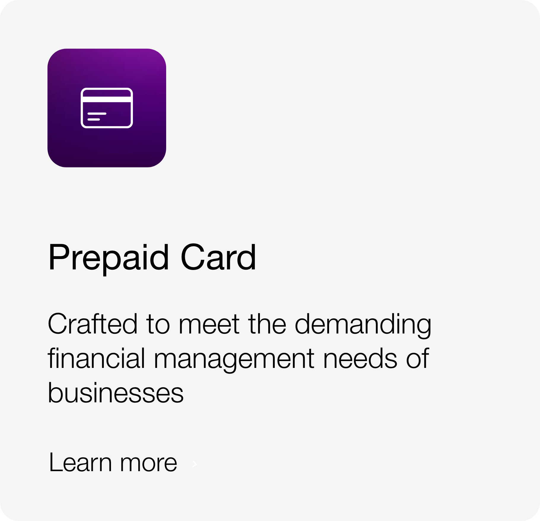 Image of a mobile app icon with a purple gradient background and a white credit card symbol, app description for Prepaid Card, emphasizing meeting financial management needs for businesses.