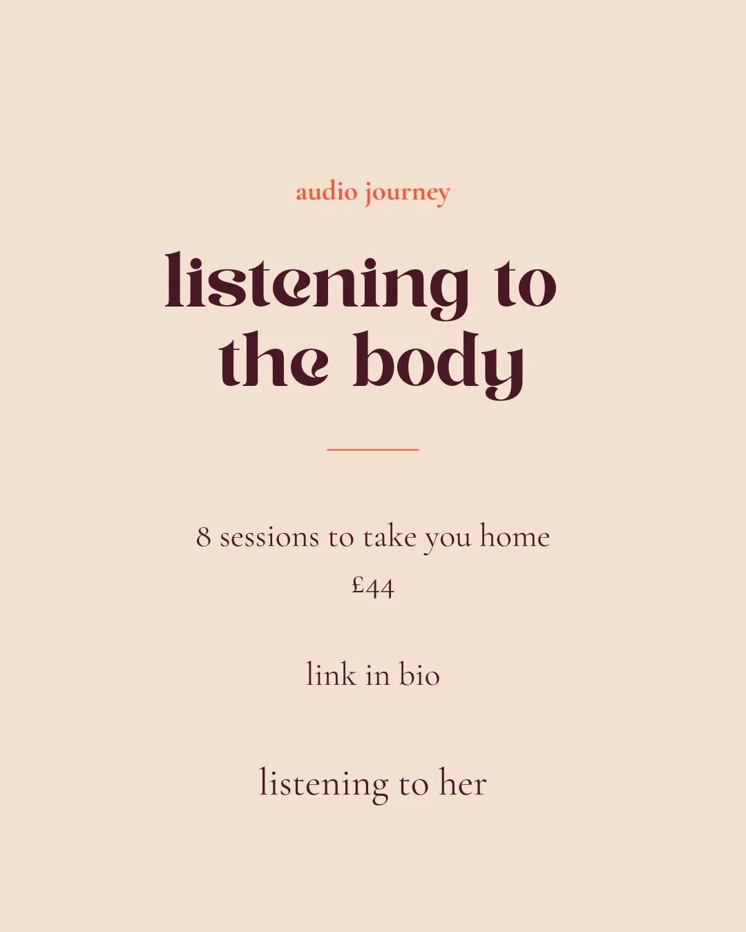 Your body has been speaking to you your whole life. 

Whispering. 
Sometimes shouting. 

It knows things your mind has forgotten. 

This is an invitation to finally listen. 

An 8-session audio journey back to yourself. &pound;44 &middot; link in bio