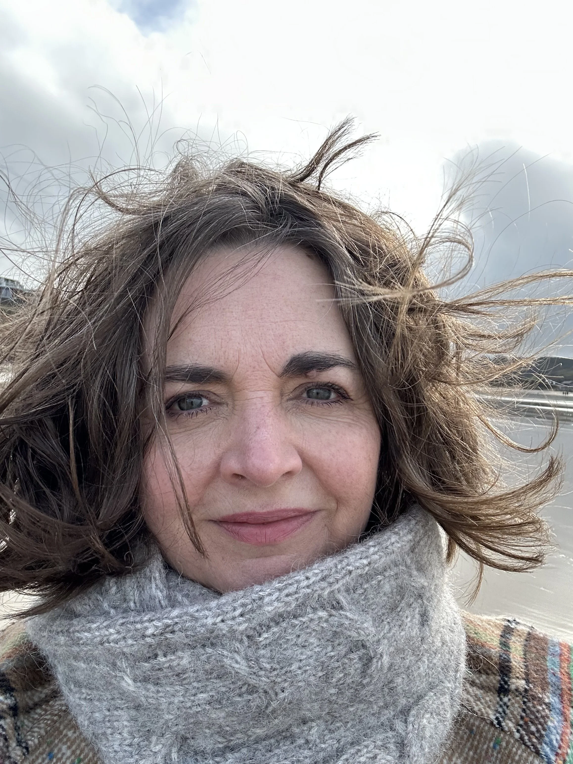 A woman with shoulder-length wavy brown hair blowing in the wind, wearing a thick, knitted gray scarf and a plaid jacket, standing outdoors with cloudy sky in the background.