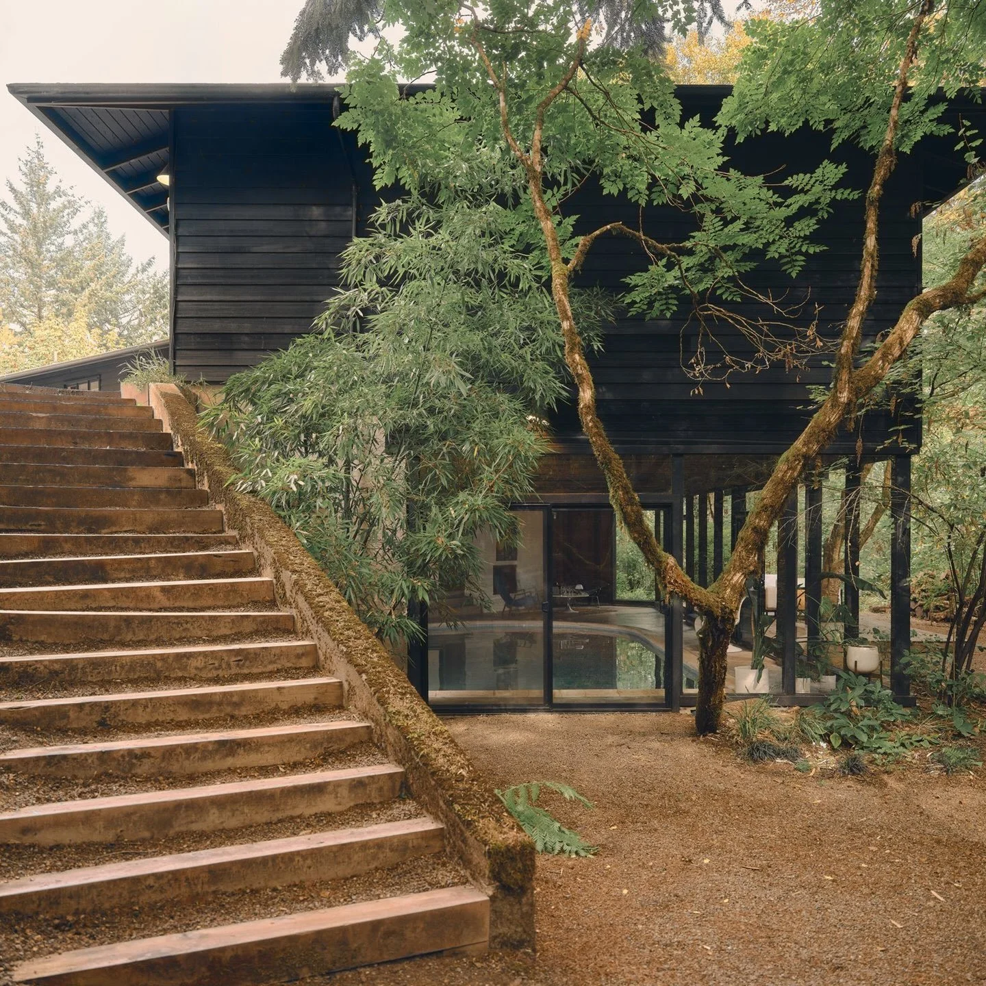 HOUSE CRUSH ALERT 🖤⁣
⁣
Vibes vibes vibes. This one has it all. I audibly gasped when this forest bathing black beauty came across my feed.⁣
⁣
Built in 1966 by Thomas Vadnais for a local Forest Service pioneer, it sits on two-thirds of an acre of for