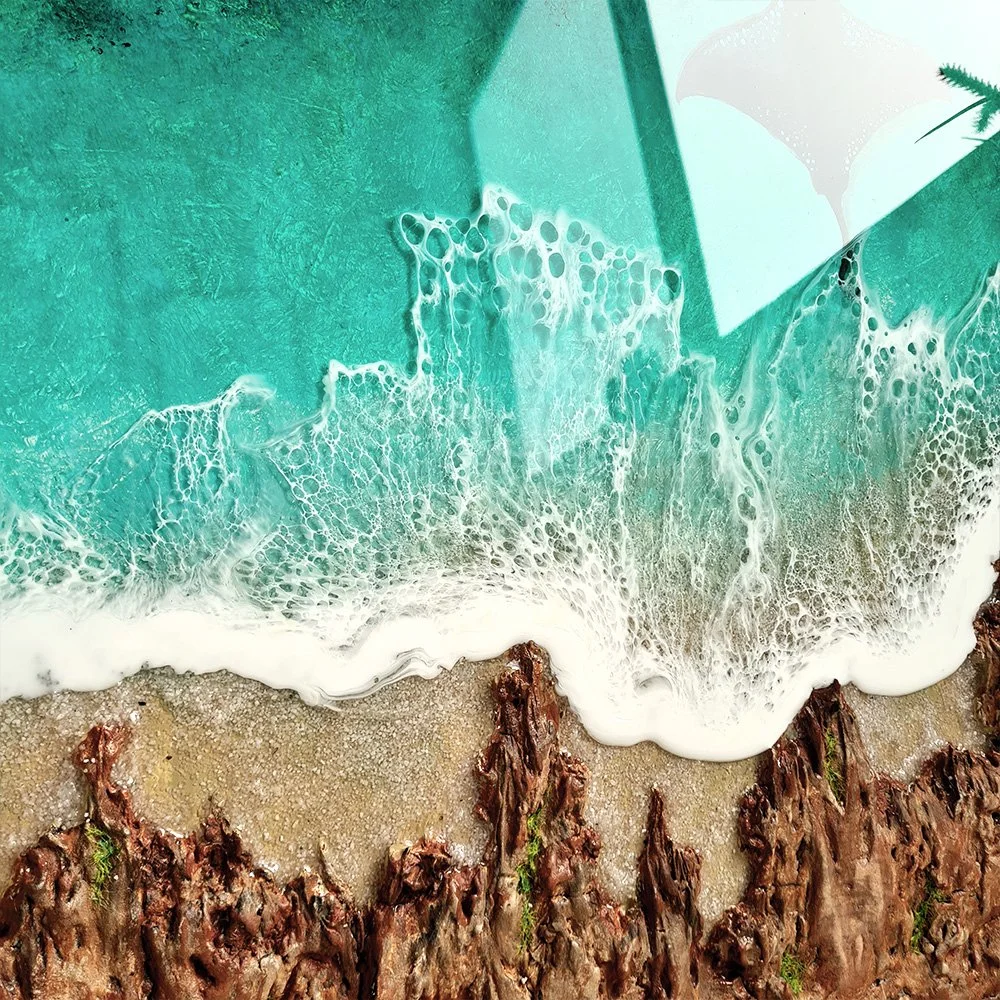 Teal and gold ocean wave marble surface