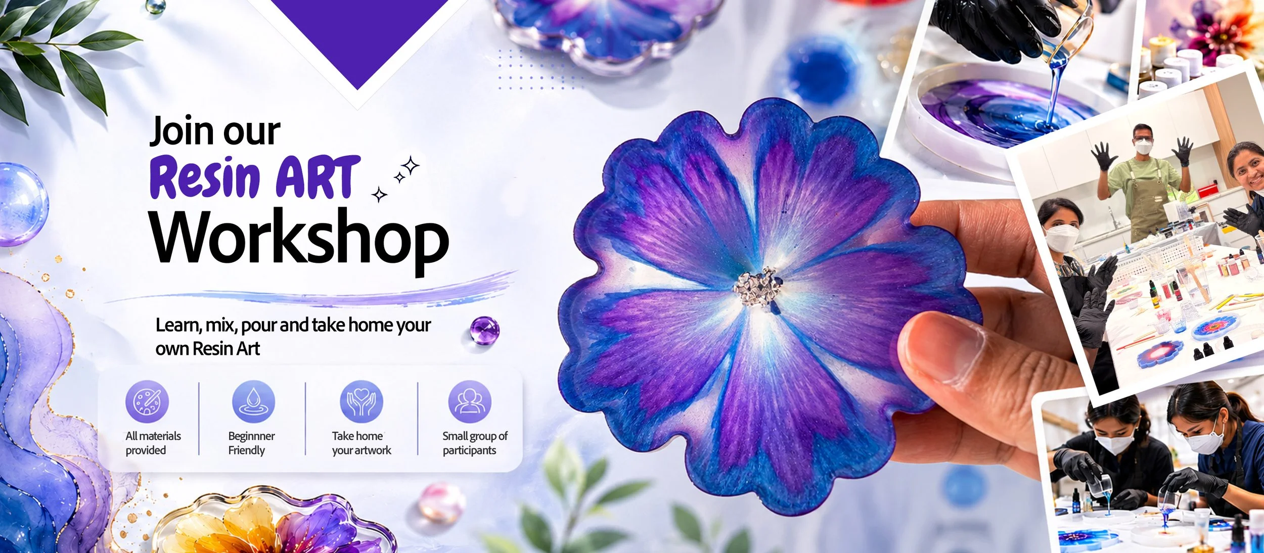 Join our resin art workshop featuring three beginner level classes. Learn, mix, pour and take home your own resin art.