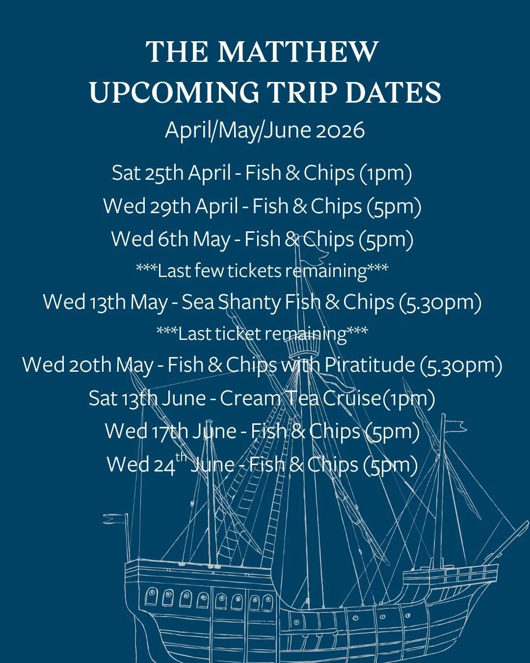 ⚓ Upcoming trips on The Matthew⚓

🐟🍟Oh my! We're running low on tickets for a couple of our Fish &amp; Chips trips. Snap 'em up before they run out. ✨

*** Bookings for this Saturday's Fish &amp; Chips trip will close at 2pm today***

🎟️ Tap the l