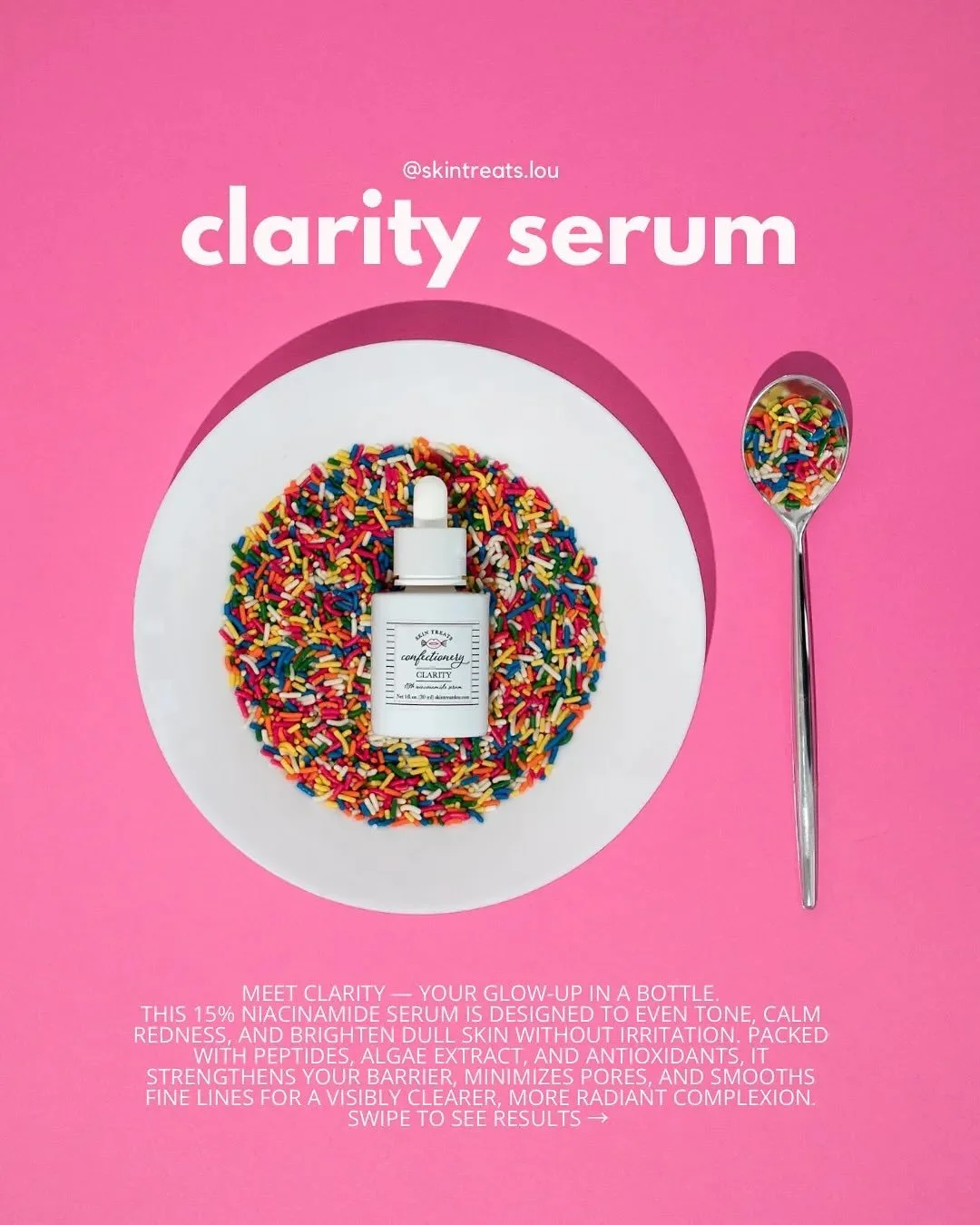 ✨ Meet Clarity &mdash; your glow-up in a bottle.
Formulated with 15% niacinamide, peptides, and antioxidants, this serum works to even tone, calm redness, and brighten dull skin without irritation.

The results speak for themselves &mdash; clearer, s