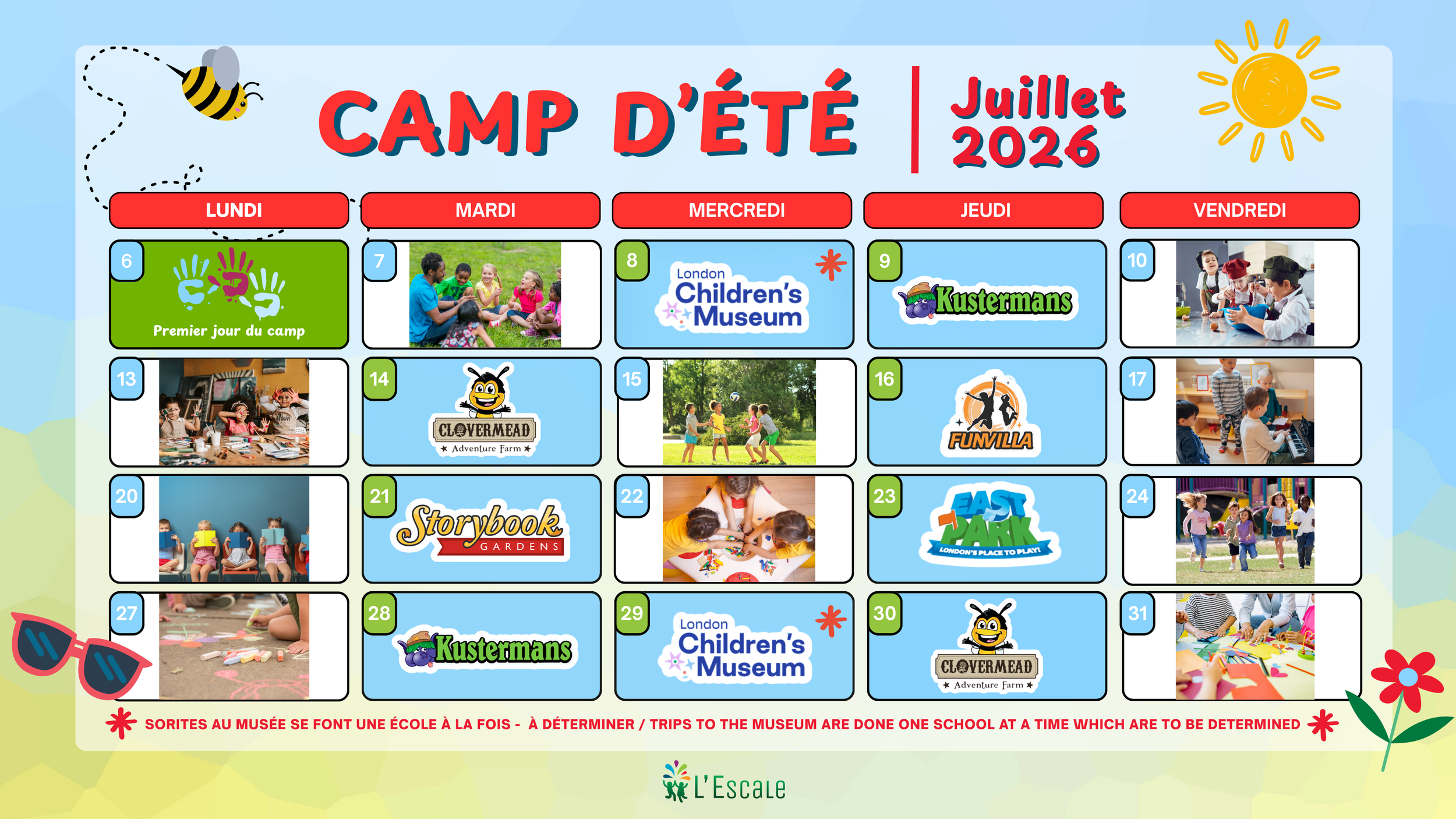 A colorful summer camp schedule for July 2026 with activities for each day, including visits to London Children's Museum, Kustermans, and Funvilla, as well as arts and outdoor activities.