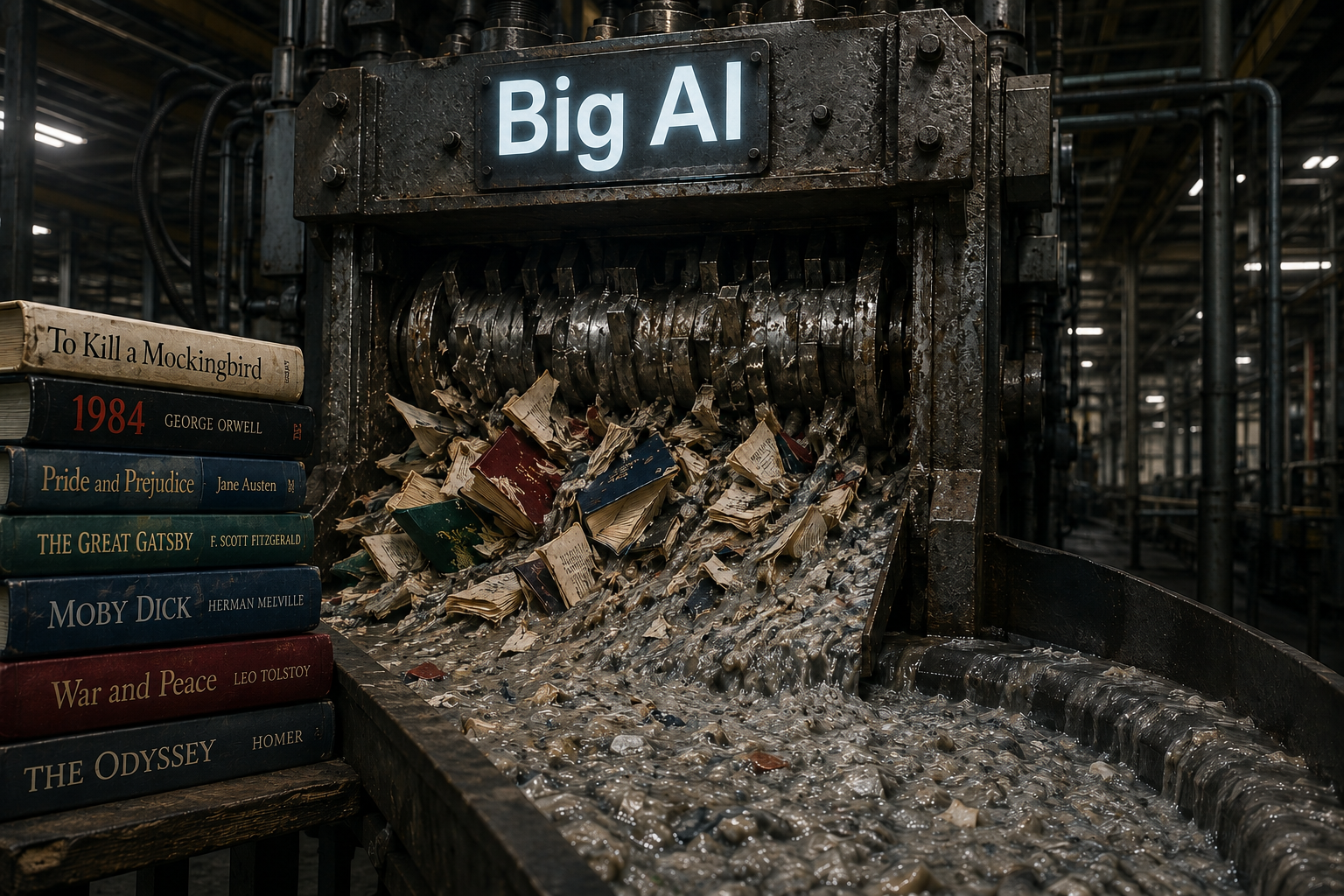 Image: ChatGPT. Prompt: An image depicting books being pulped by Big AI