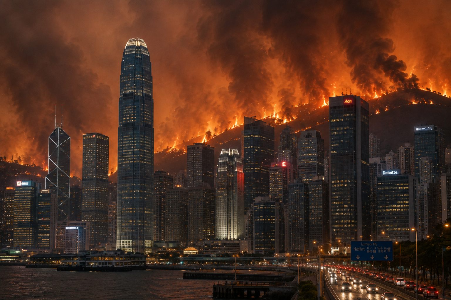 Image: ChatGPT. Prompt: Create an image of burning wildfires in a European or North American setting approaching a skyscraper district