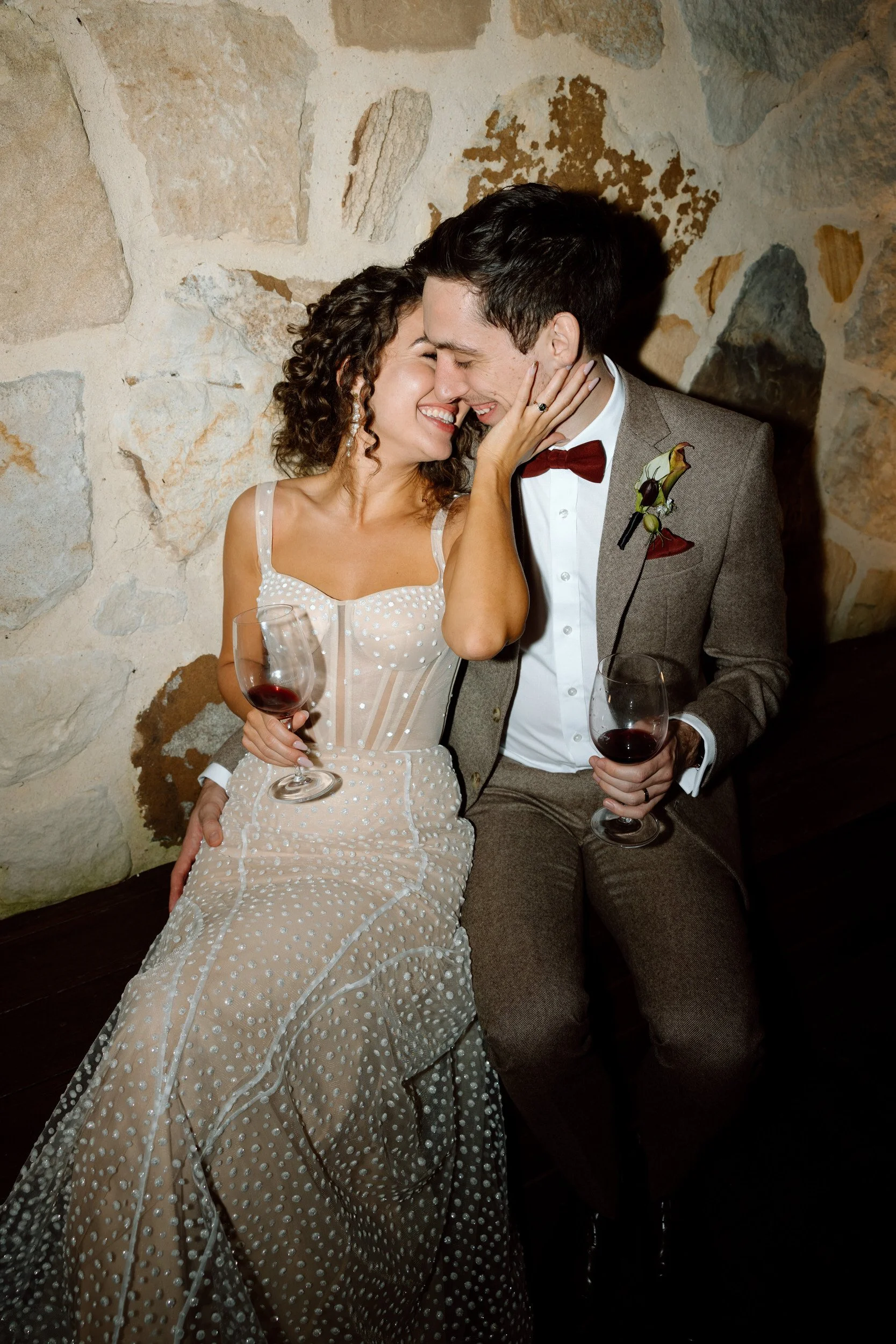 Bride and Groom having wine at their wedding in Bendooley Estate