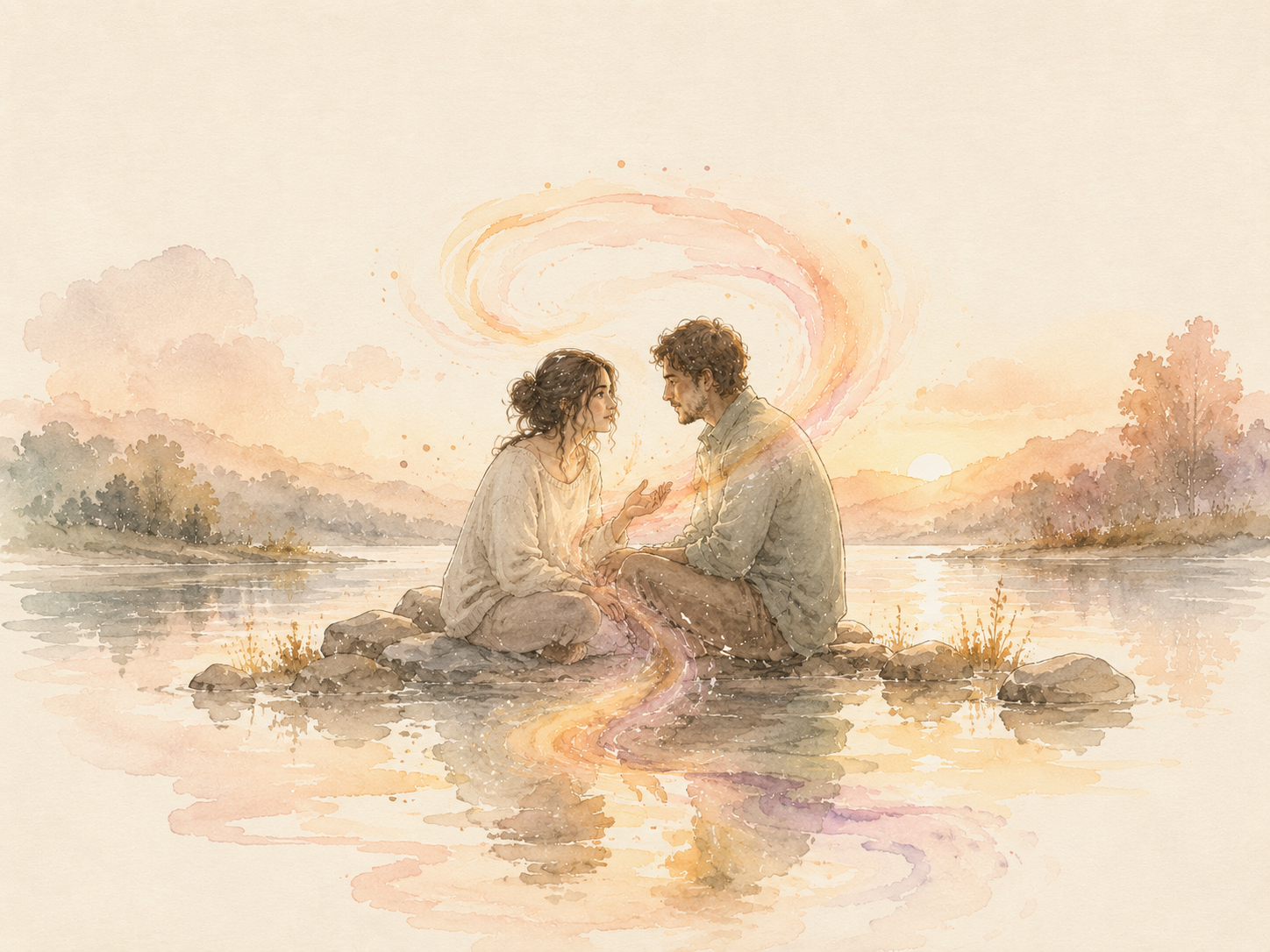 Watercolor painting of a couple sitting on rocks at the edge of calm water at sunset, leaning toward each other in quiet conversation, illustrating communication that goes beneath the words in couples therapy.