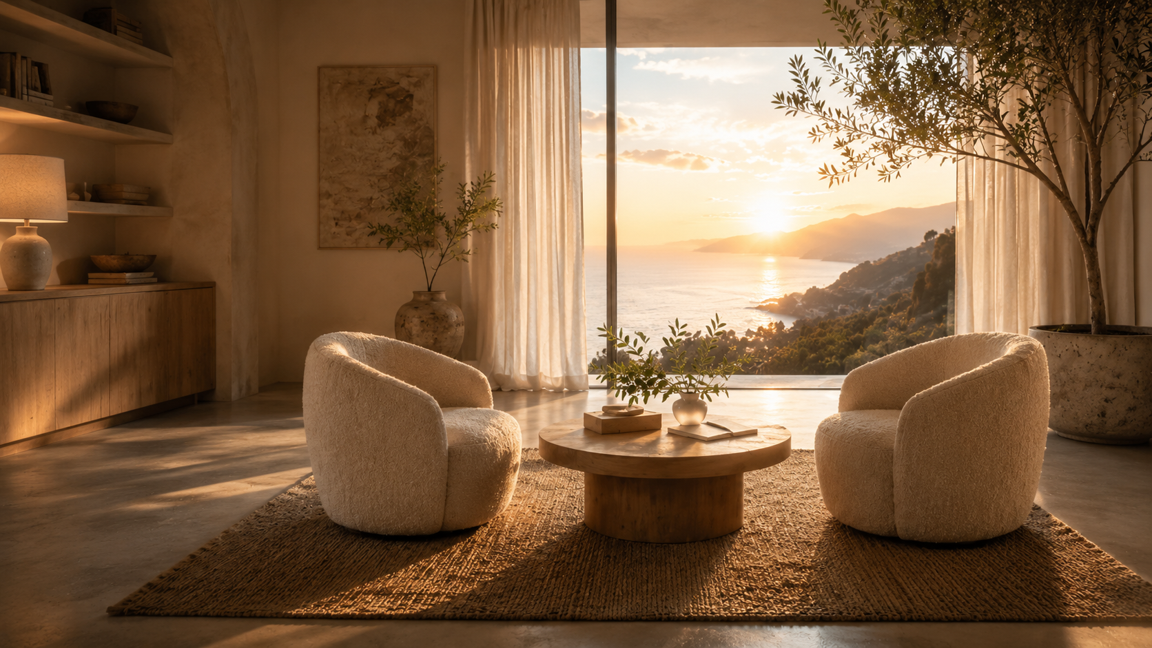Private therapy consultation room with two chairs overlooking a warm coastal sunset, representing trust, reflection, emotional clarity, and premium Gottman couples therapy and psychotherapy at AtReef Therapy in Cambridge, MA.