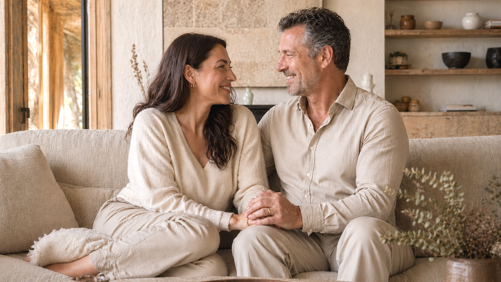 Couple sitting together at home, representing communication, trust, and relationship repair through couples therapy in Cambridge, MA.