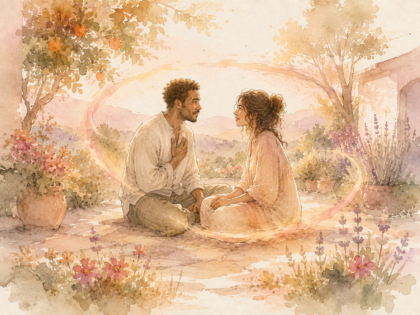 Watercolor illustration of a couple sitting face to face in a sunlit garden, the man's hand resting on his own chest as he speaks, encircled by a soft ring of warm light, illustrating accountability without shame in couples therapy.