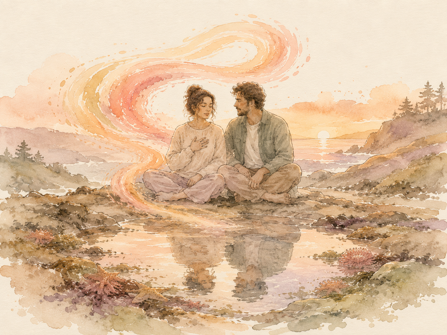 Watercolor painting of a couple sitting beside a tidal pool at sunset, the woman with her eyes closed and her hand resting on her chest while her partner gently holds her shoulder, illustrating emotional regulation and self-reflection in couples